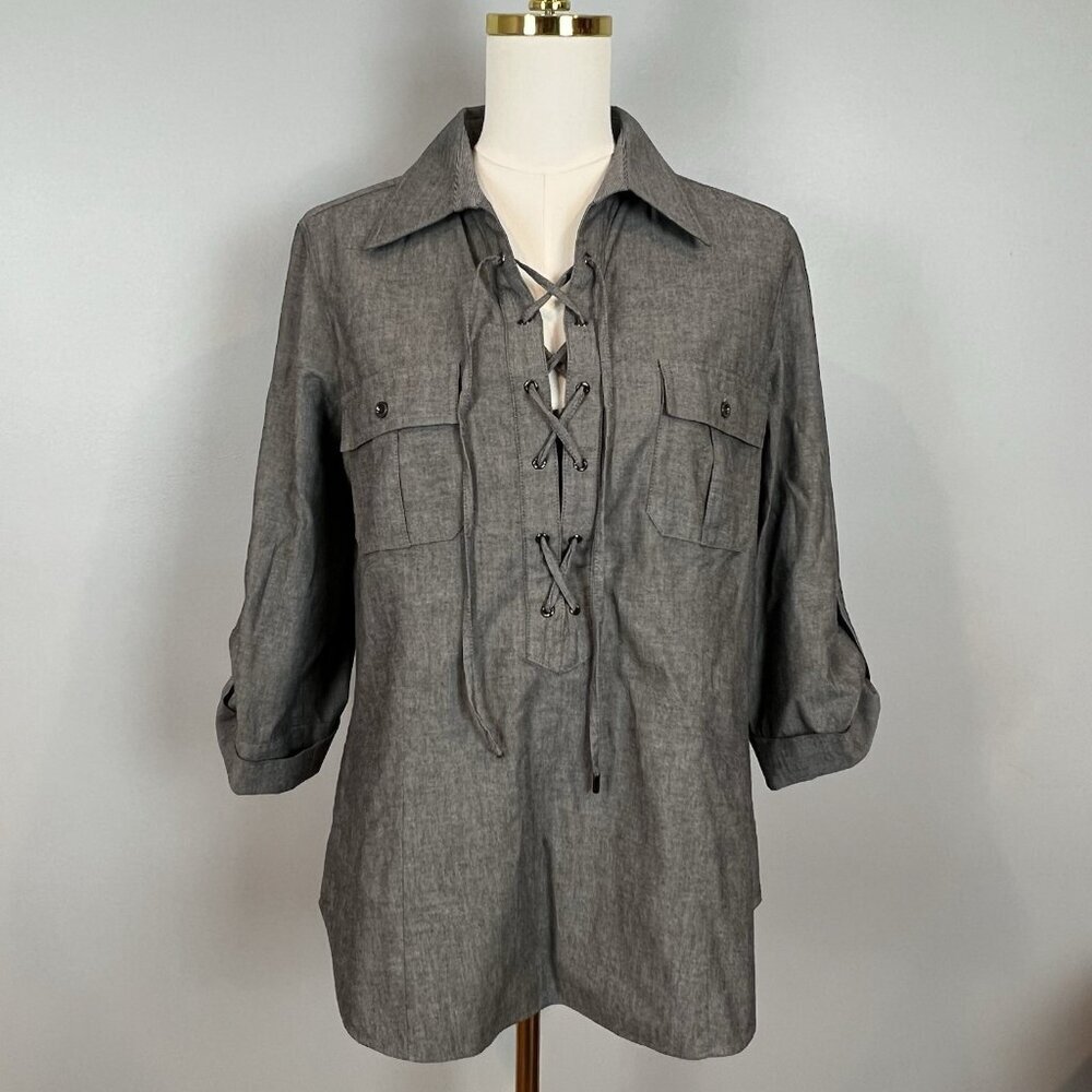 Lafayette 148 Gray Blouse Womens Size 10 Lace Up Roll Tab Sleeve Collared